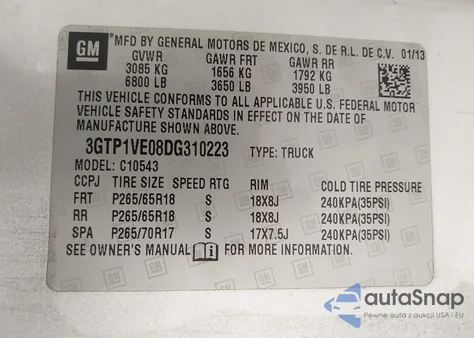 2013 GMC Sierra 1500 Sle z USA, uszkodzony, nr VIN 3GTP1VE08DG310223